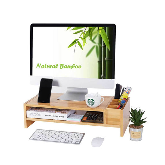 2 Tiers Wood Monitor Riser Stand With Storage Organizer